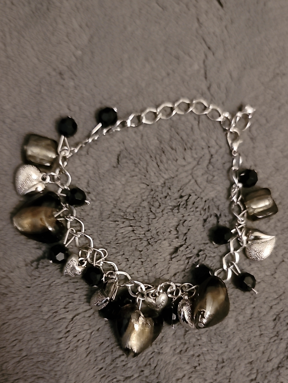 Silver-Tone Heart Charm Bracelet with Black and Metallic Beads